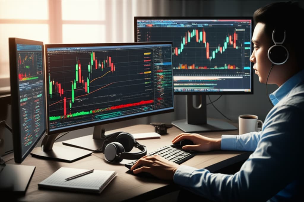 A focused day trader in a modern office, intensely monitoring multiple screens displaying real-time stock charts, financial data, and market analysis, depicting active day trading.