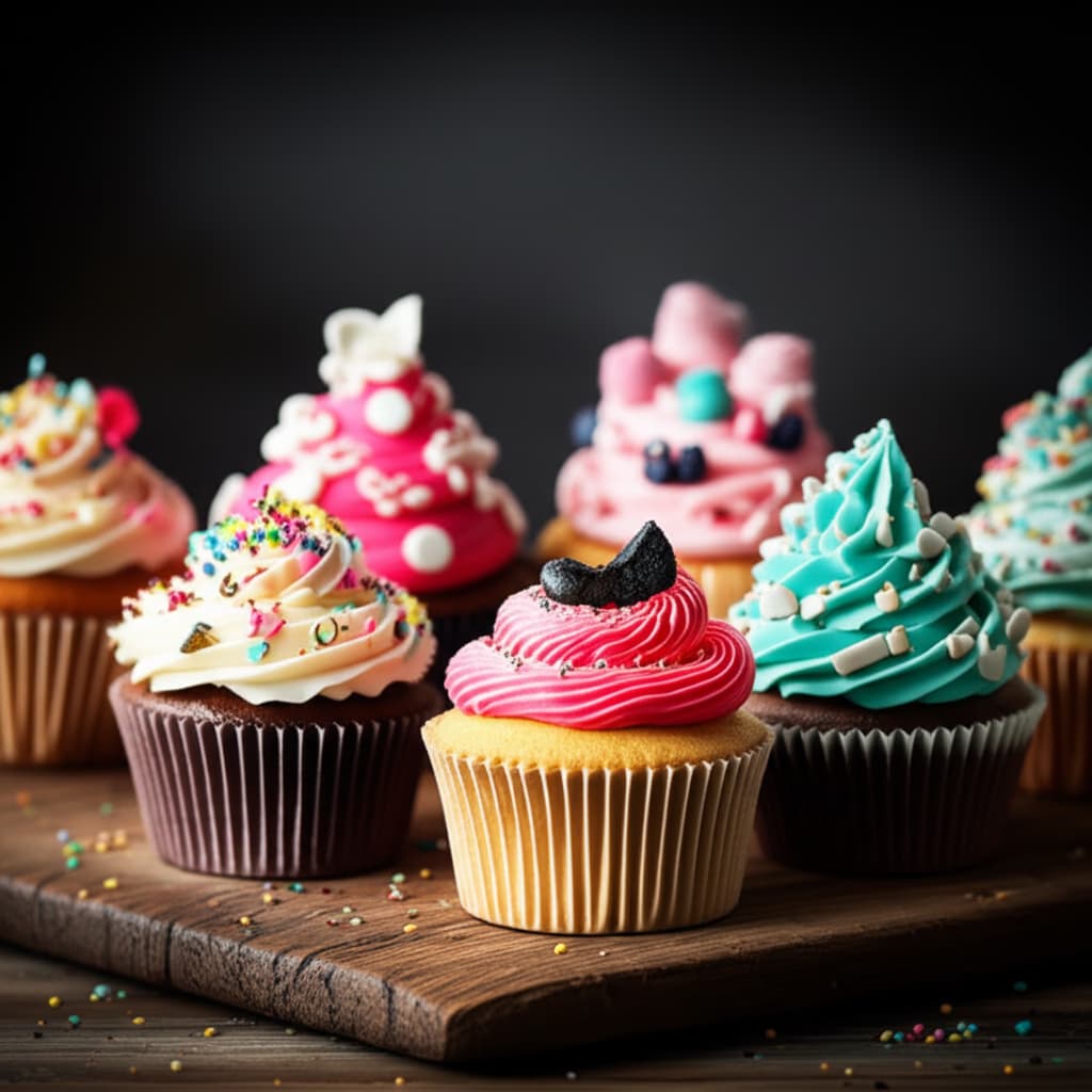 A variety of colorful, beautifully decorated cupcakes with intricate frosting, sprinkles, and edible toppers, displayed on a wooden surface.