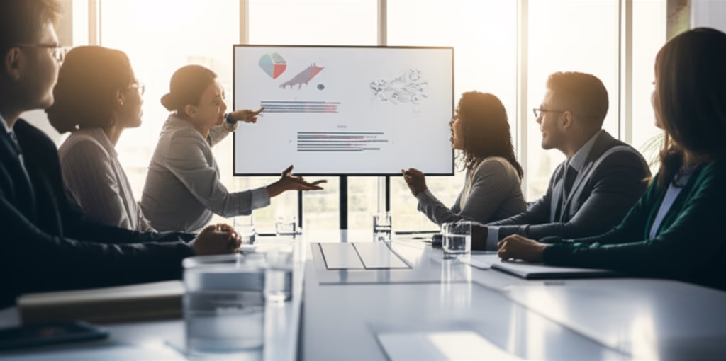 A diverse team of professionals actively participating in a department meeting in a modern, well-lit conference room. The image shows collaborative discussion and a presenter on a screen, capturing a realistic and high-quality scene of a business meeting.