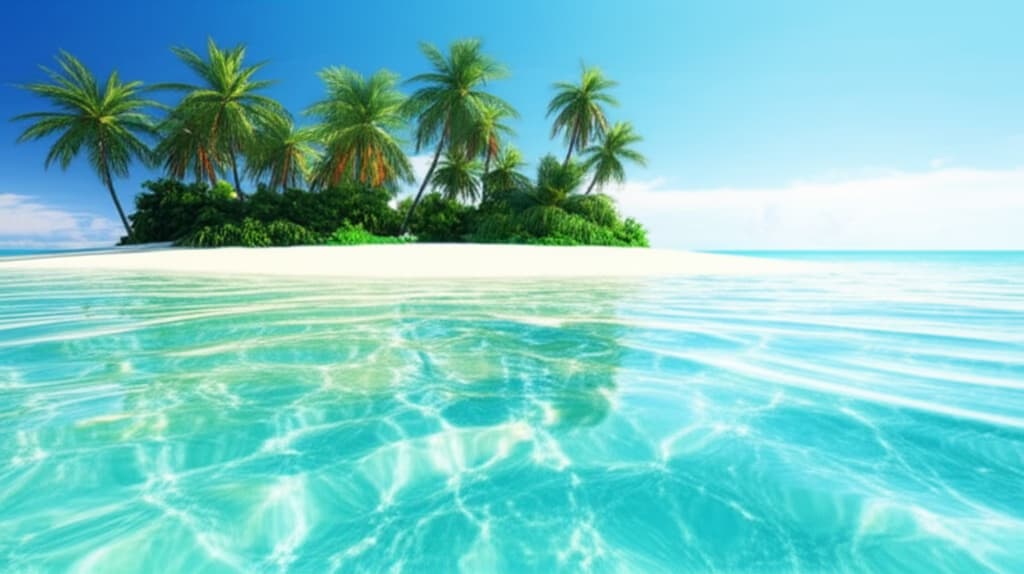 A deserted tropical island with white sand, turquoise water, and lush palm trees under a clear blue sky, evoking a sense of remote paradise.