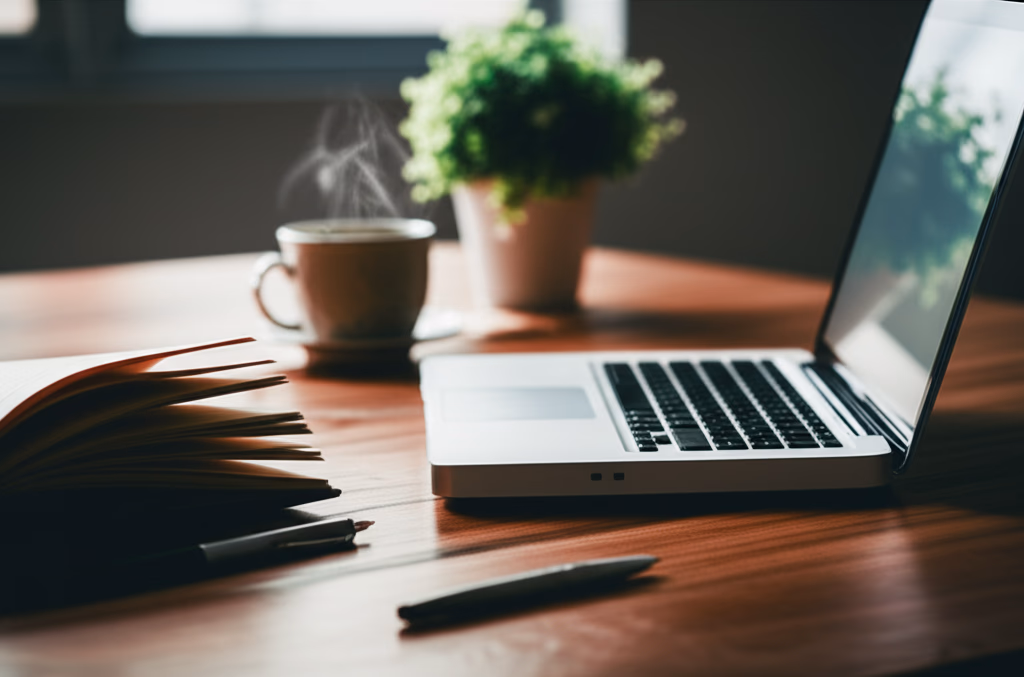 A close-up, hyperrealistic image of an organized study desk featuring a laptop, open book, coffee cup, and natural light, optimized for focused work or study.