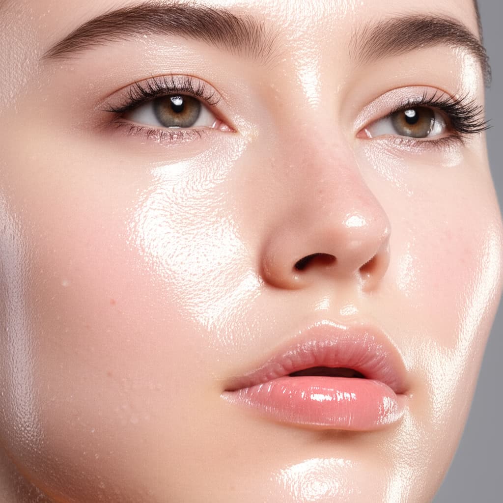 Close-up portrait of a model showcasing a flawless, natural dewy makeup look with radiant, hydrated skin and a subtle, healthy glow.