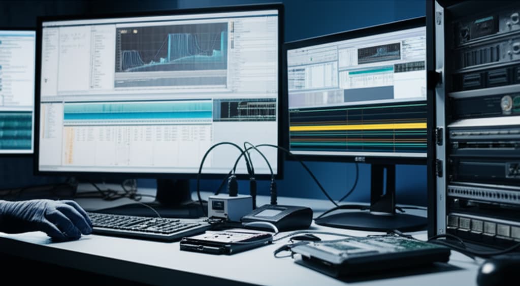 A detailed image of a digital forensics workstation with multiple screens showing data analysis software and specialized hardware tools used for cyber investigations and evidence recovery.
