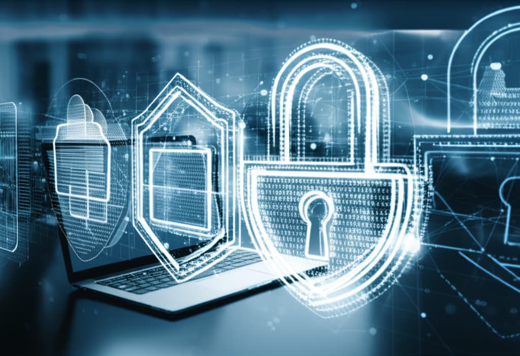 A visual representation of digital privacy tools, showing secure data flow around devices like laptops and smartphones, protected by glowing digital shields and locks, symbolizing online security and data protection.
