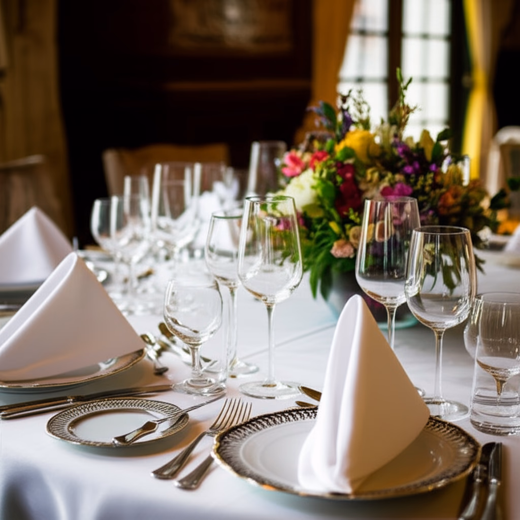 A beautifully decorated dining room table setup with white linen, fine china, polished silverware, crystal glasses, and a fresh flower centerpiece, showcasing elegant entertaining.