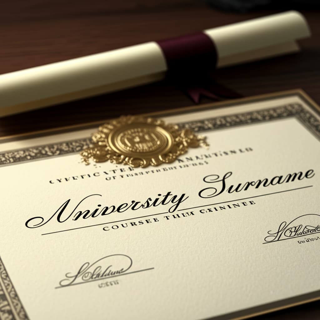 Realistic image of an official university diploma certificate with embossed seal and signatures, symbolizing academic achievement and graduation.