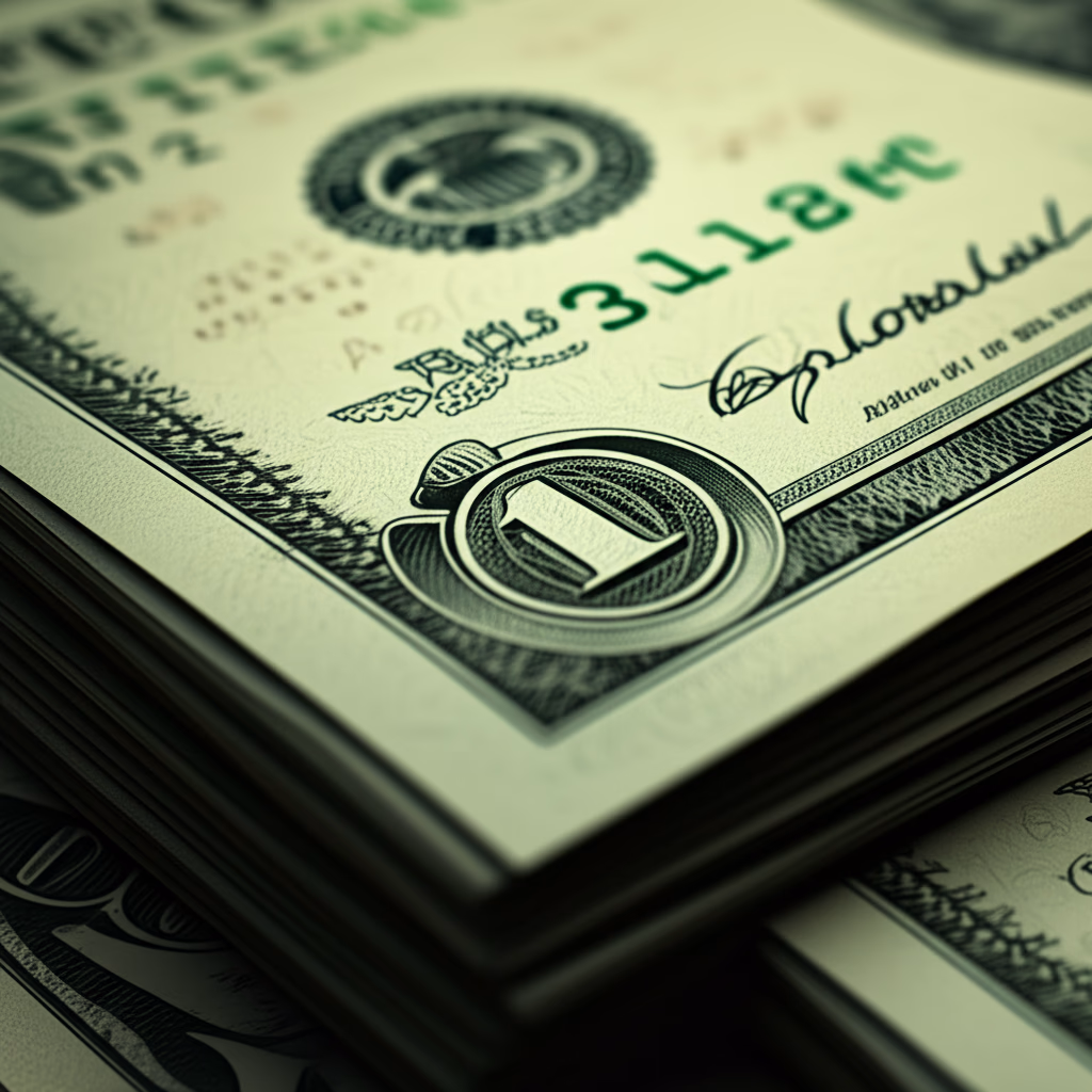Close-up photo of a stack of crisp United States dollar bills, showing detailed engravings and textures.