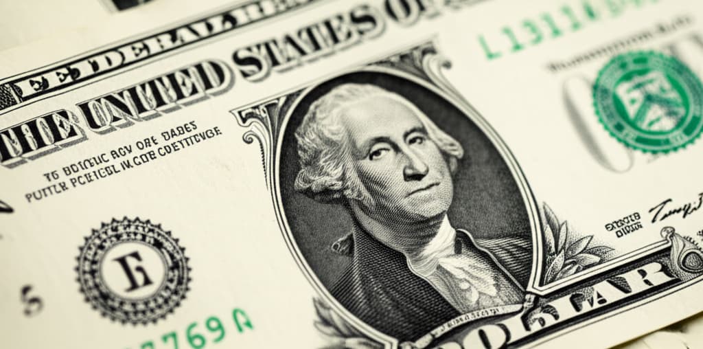 Close-up of a detailed US one dollar bill showing George Washington and intricate currency features, a realistic photo of dollar money.