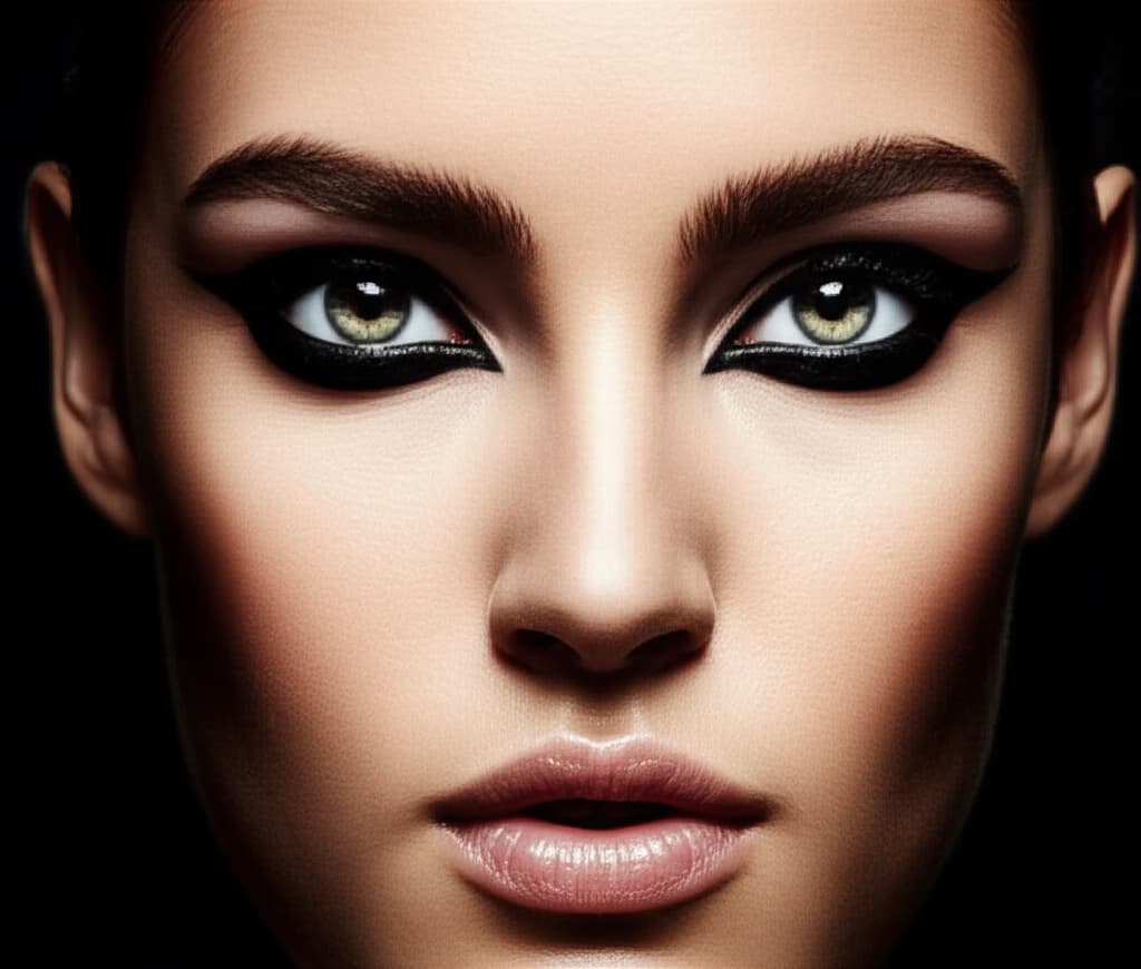 Close-up image of a woman showcasing a perfectly applied dramatic winged eyeliner with bold black lines, emphasizing a captivating and elegant eye makeup look.
