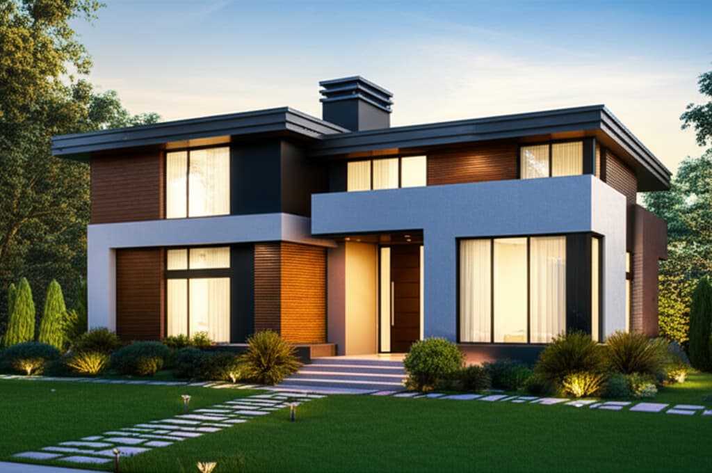 A contemporary duplex house exterior featuring sleek lines, large windows, wood and stone accents, and lush green landscaping under a bright sky.