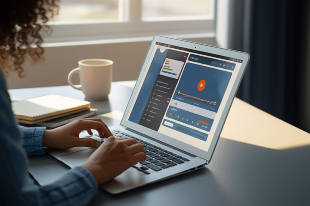 A focused student or young professional using a laptop to interact with an e-learning platform, displaying an online course and virtual classroom. Image depicts modern digital education.