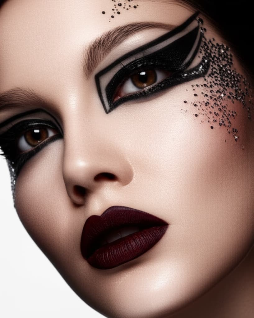 Close-up hyperrealistic portrait showcasing an edgy makeup look with sharp graphic eyeliner, deep matte lipstick, and subtle glitter, emphasizing a bold and artistic beauty style for inspiration.