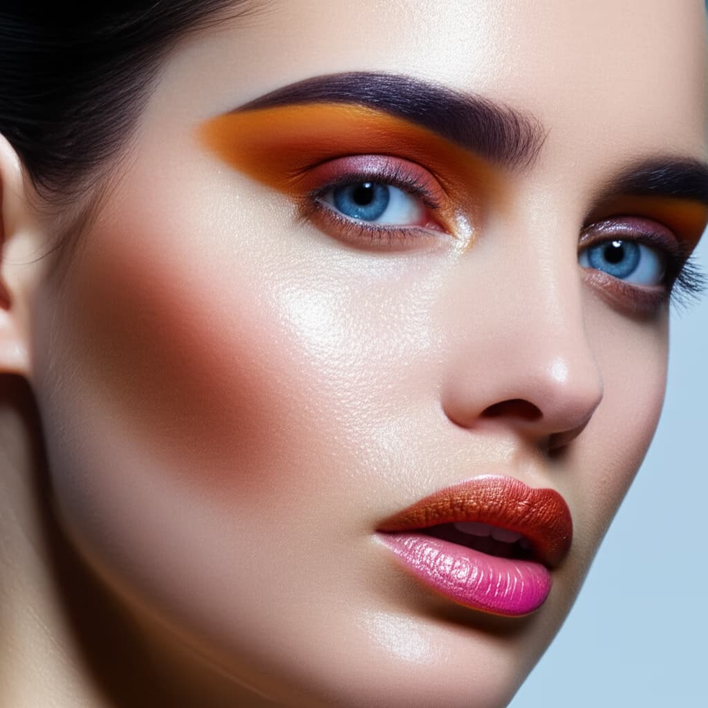 Close-up portrait of a model showcasing a minimalist yet striking editorial makeup look with clean lines and luminous skin, captured with high detail for a beauty editorial photoshoot.