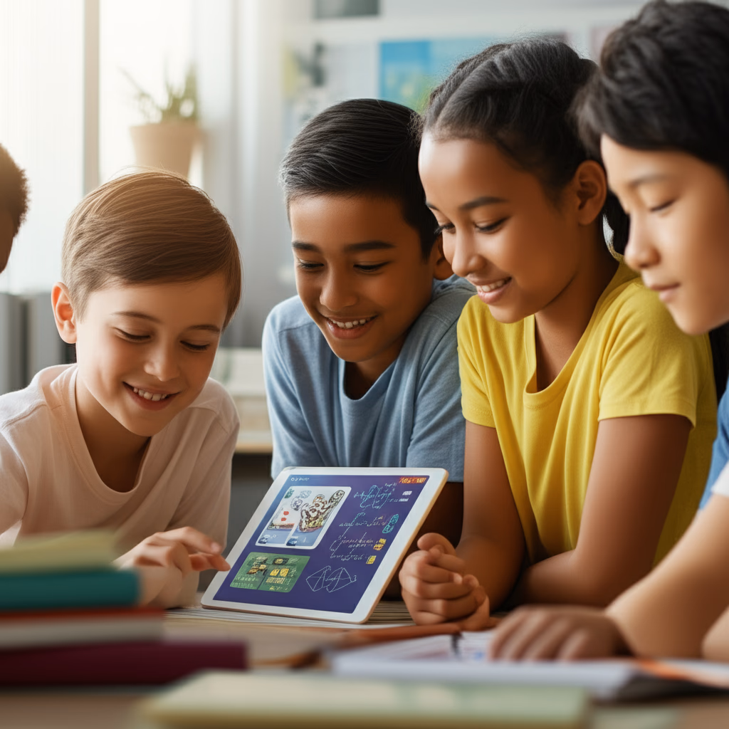 High-quality image of diverse students happily using an educational app on a tablet, demonstrating interactive online learning and digital engagement for children and young adults.