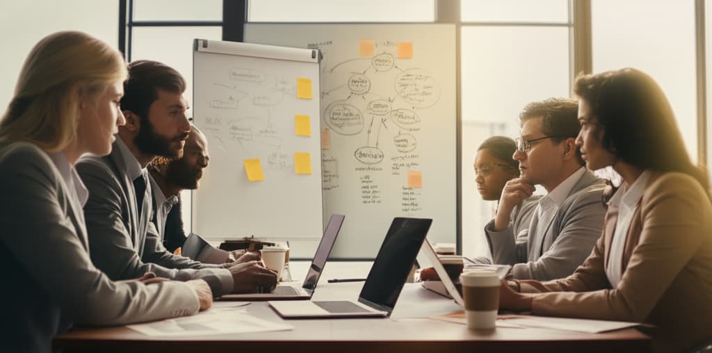 A diverse team of professionals in an emergency meeting, intensely discussing an urgent crisis around a conference table.