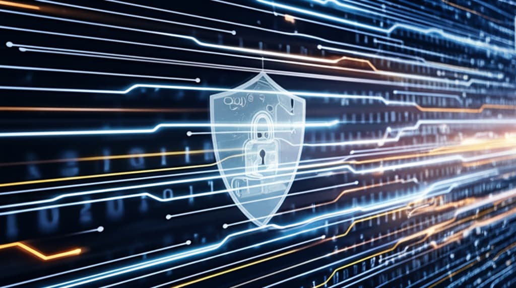 Realistic image depicting advanced encryption technology with glowing digital data streams moving securely through a network, symbolizing data protection and cybersecurity.