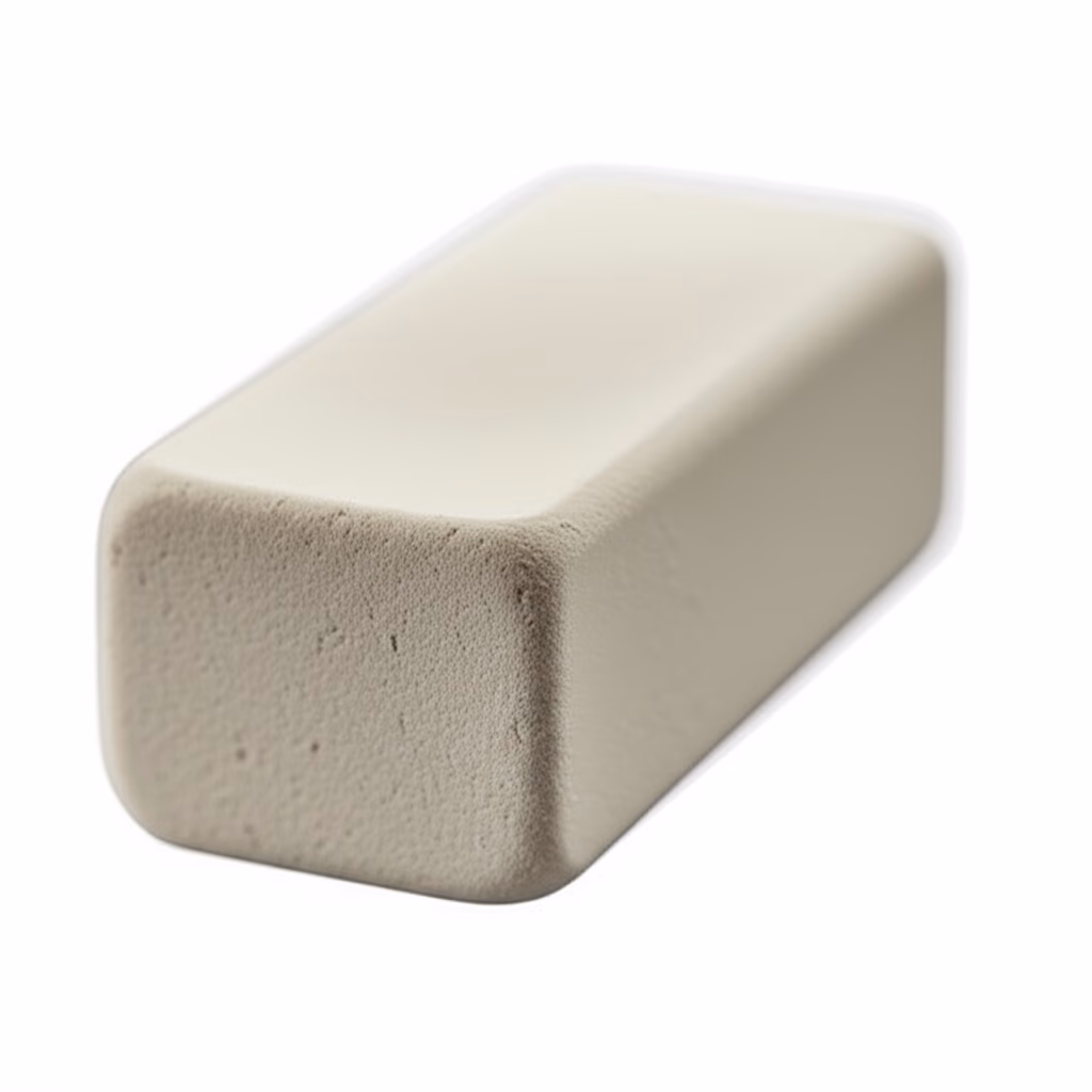 Detailed close-up image of a high-quality natural rubber eraser on a clean background, showcasing its texture and shape.