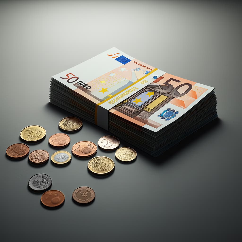 Close-up of realistic Euro banknotes and coins, high-resolution, ultra-detailed image for European currency representation.