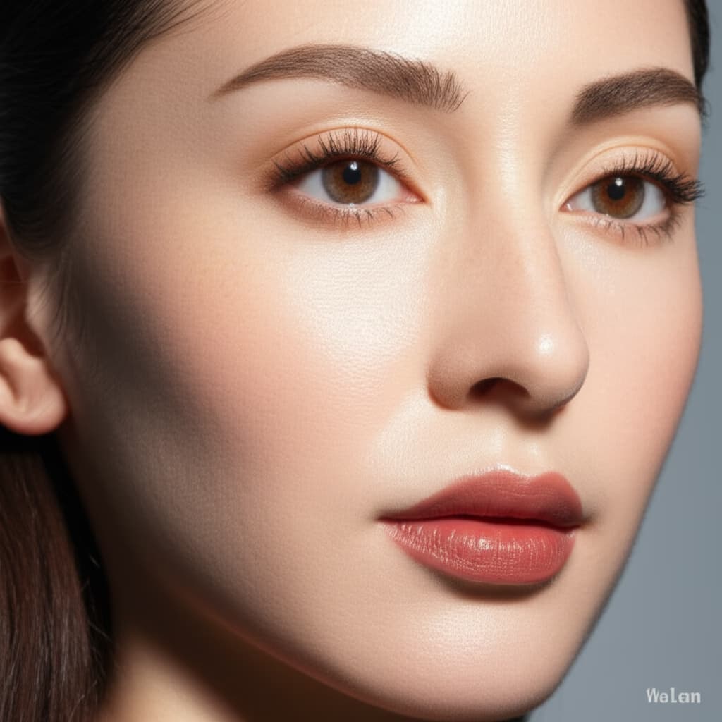 A close-up, high-quality image of a person with a natural everyday makeup look, featuring subtle eye makeup, soft brows, and a natural lip color, perfect for daily wear.