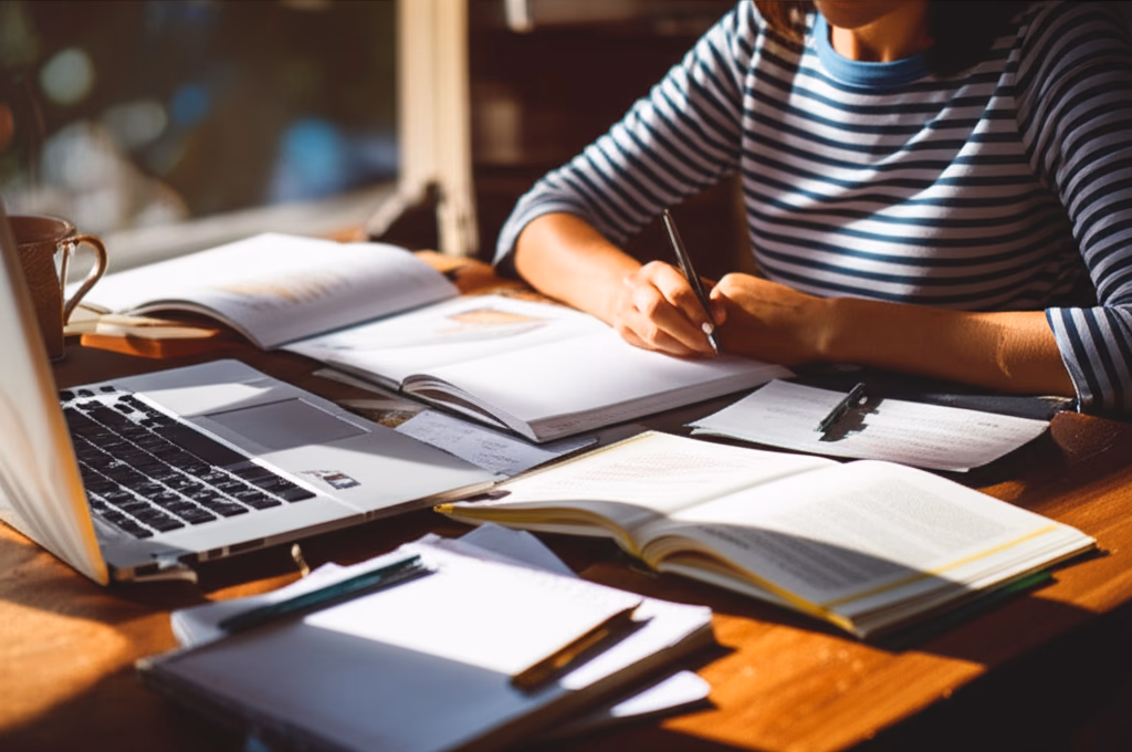 A focused student deeply engaged in exam preparation at a cluttered desk, surrounded by textbooks, notes, and a laptop, illuminated by natural light. Ideal for illustrating effective study habits and academic success.