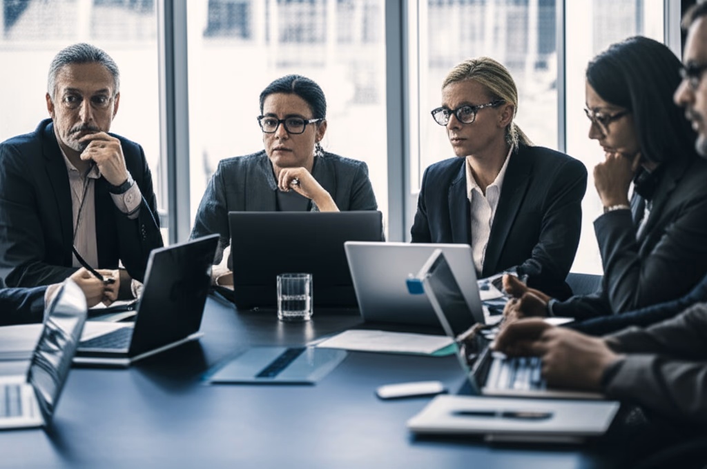 High-quality image depicting an executive meeting in a modern boardroom, showing diverse business professionals collaborating and discussing corporate strategy around a conference table.