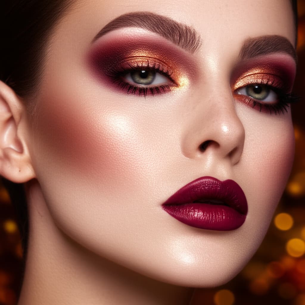 Close-up of a woman showcasing a natural fall makeup look with warm burgundy eyeshadow, shimmering copper accents, and a deep berry lipstick, perfect for autumn beauty trends and inspiration.