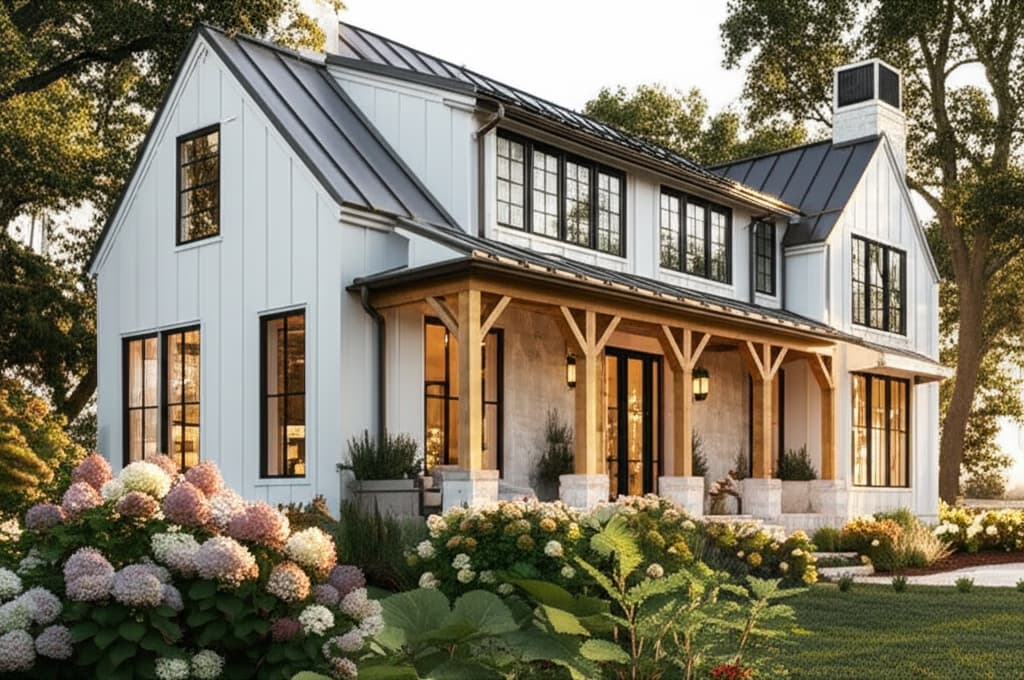 A beautiful modern farmhouse style exterior with white board and batten siding, black windows, a large front porch, and lush green landscaping, enhancing curb appeal.