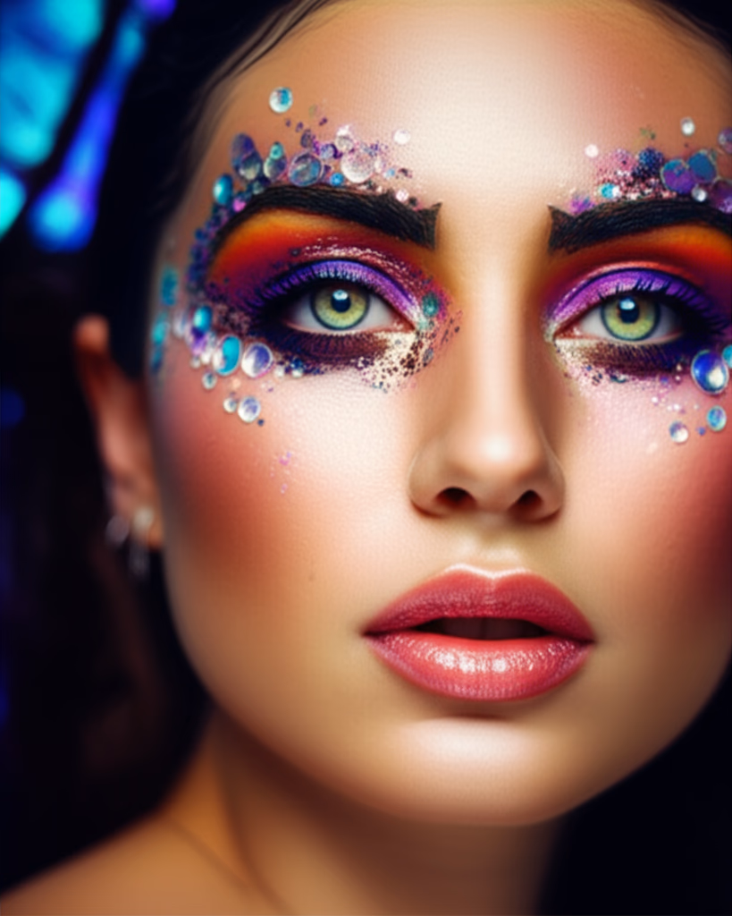Close-up of a model with a vibrant festival makeup look, featuring subtle face gems, iridescent glitter, and a natural luminous glow. Perfect for festival beauty inspiration.