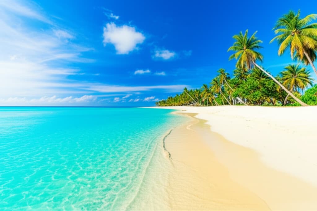 A pristine Fiji beach with soft white sand, clear turquoise ocean water, and lush green palm trees under a bright blue sky, perfect for tropical relaxation.