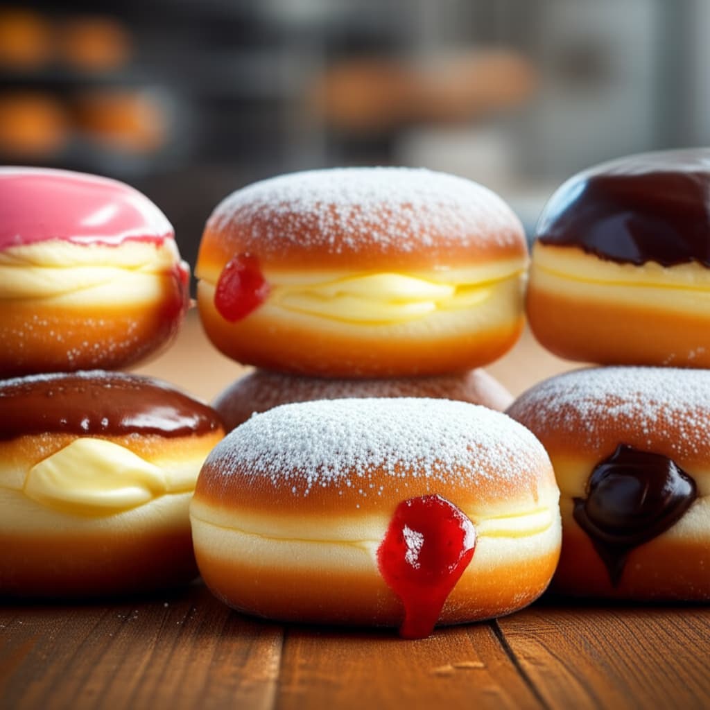A close-up arrangement of various freshly baked, generously filled donuts. Some are dusted with powdered sugar, revealing strawberry jam or cream filling, while others are glazed, showing chocolate or custard fillings. Displayed on a rustic wooden surface with soft, inviting lighting.
