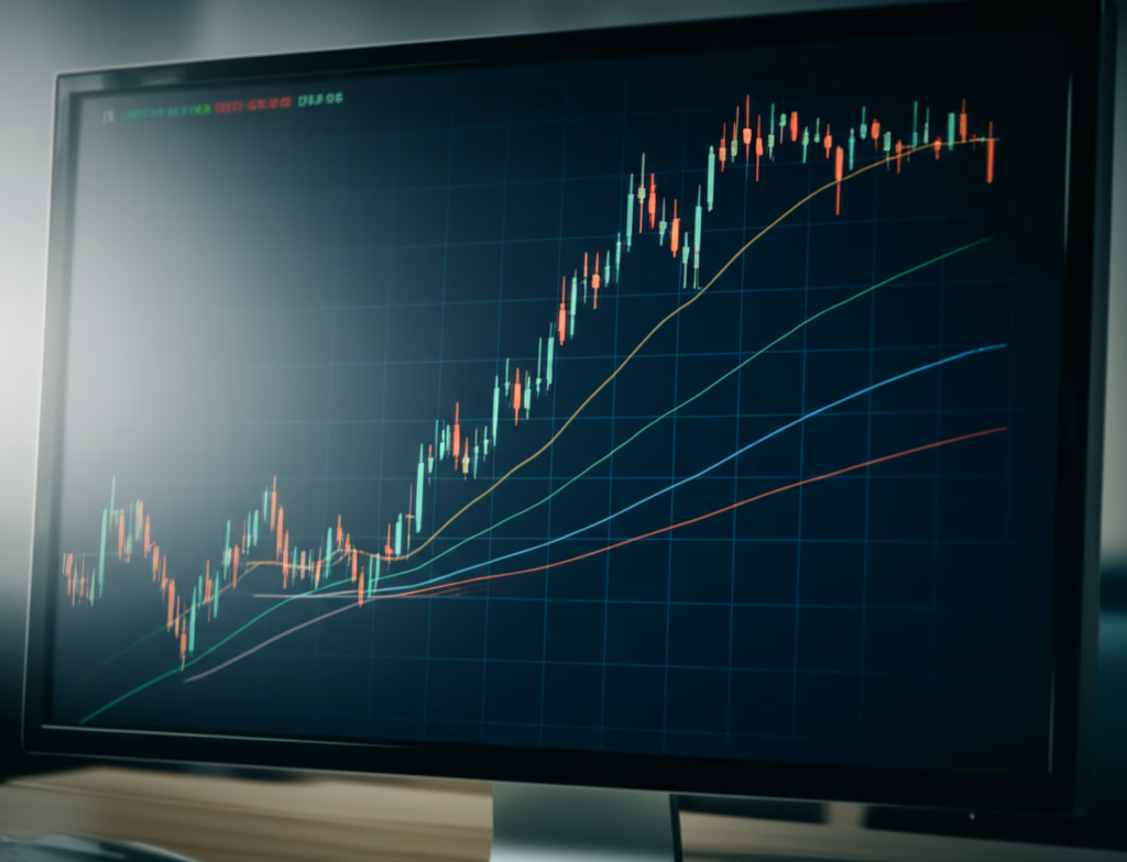Realistic financial chart displaying detailed stock market data with candlestick patterns, volume, and indicators on a modern digital screen, ideal for investment analysis.