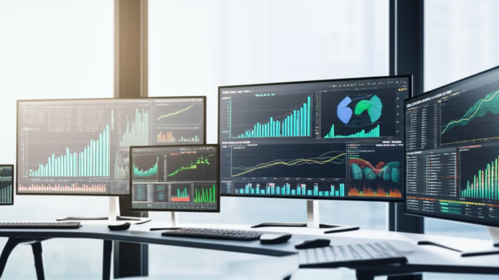 Realistic image of a desk with multiple monitors displaying various financial data visualizations, including stock market charts, growth graphs, and real-time analytics dashboards, symbolizing business intelligence and investment insights.
