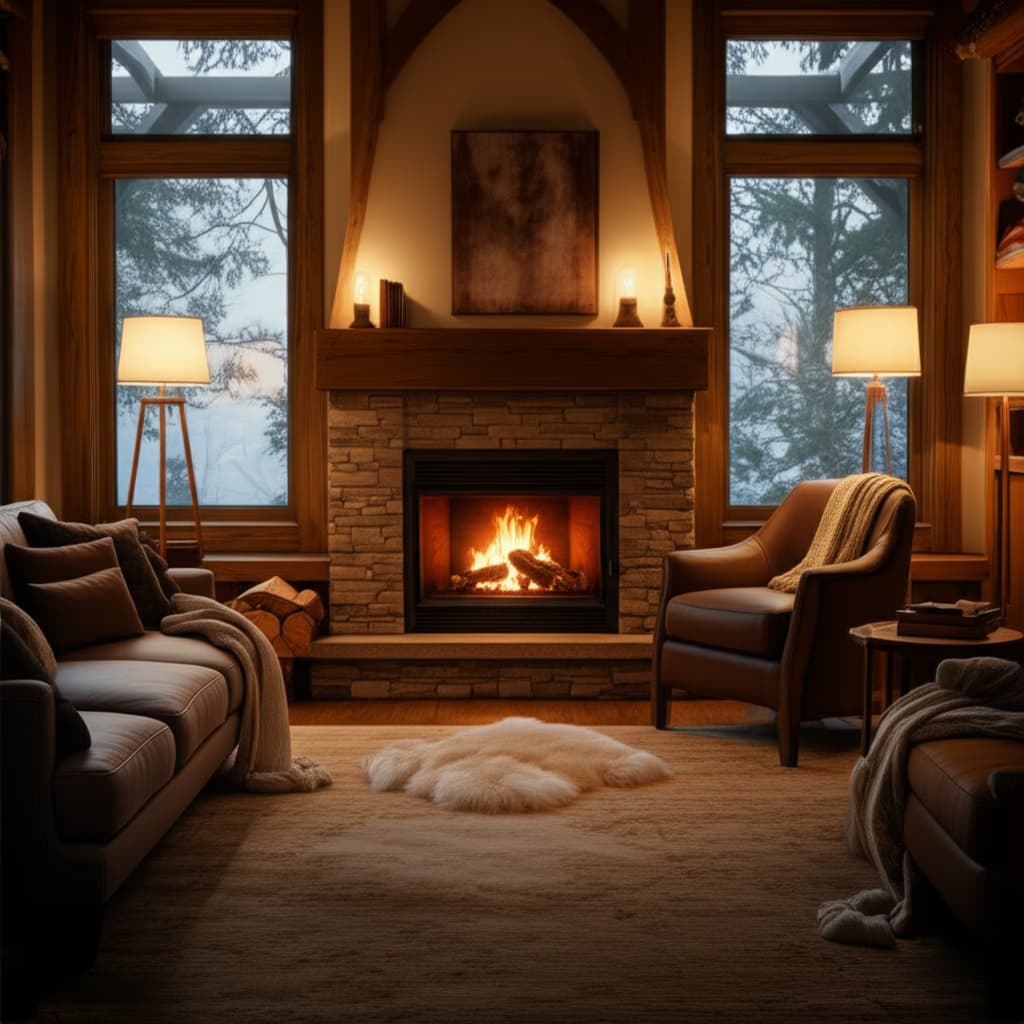 A cozy, modern living room featuring a lit fireplace, comfortable sofa with throw pillows and blankets, and warm ambient lighting. Ideal for relaxation and stylish home decor.