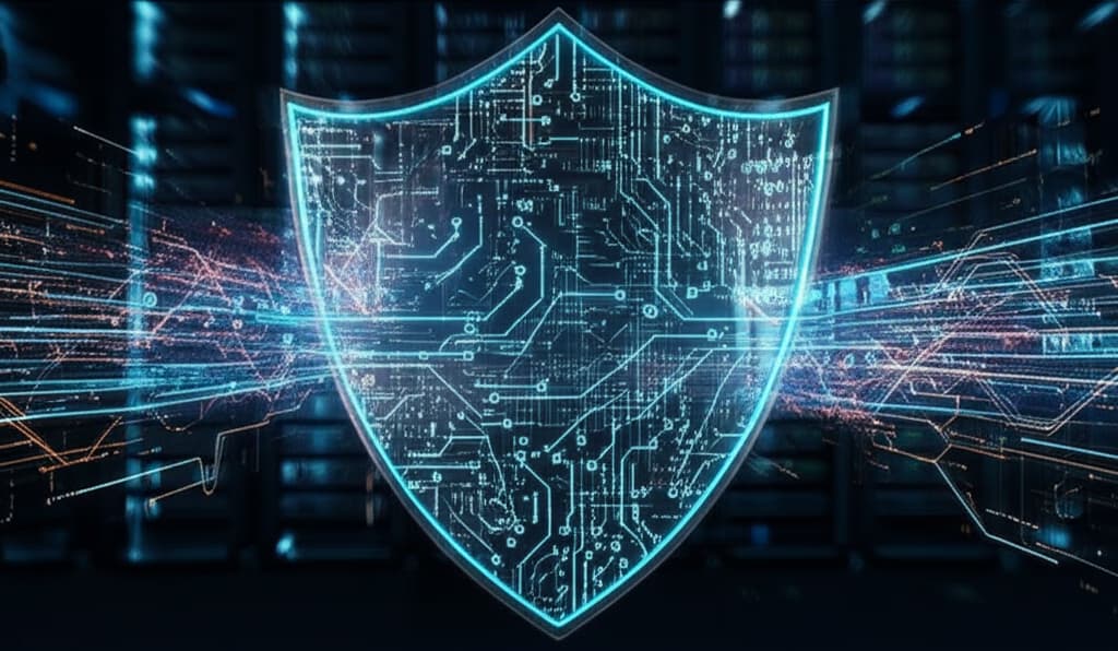 An image depicting a digital firewall protecting a network from cyber threats, symbolizing advanced firewall protection systems and network security.