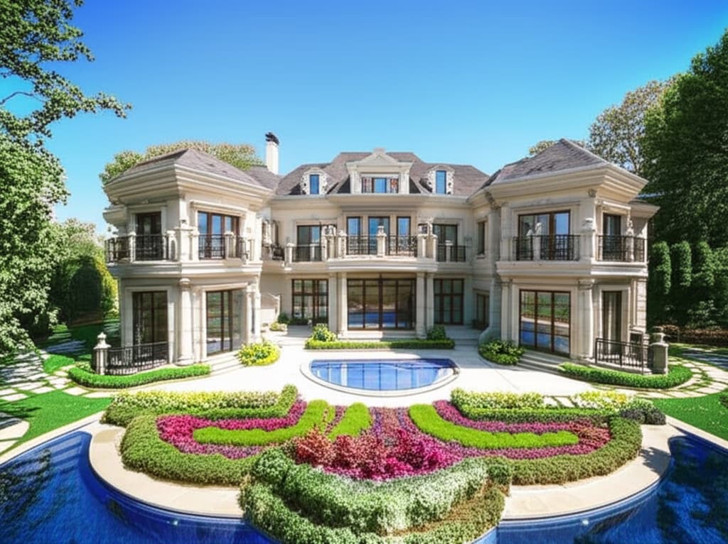 Stunning exterior view of a modern five-bedroom luxury mansion with meticulously landscaped gardens and an infinity pool.