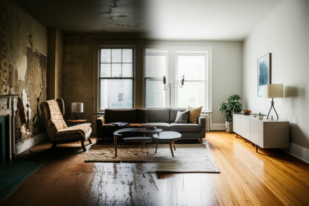Before and after image showcasing a complete fixer upper transformation of a living room into a modern farmhouse style. Highlights include white shiplap, wood beams, and a bright, renovated interior.