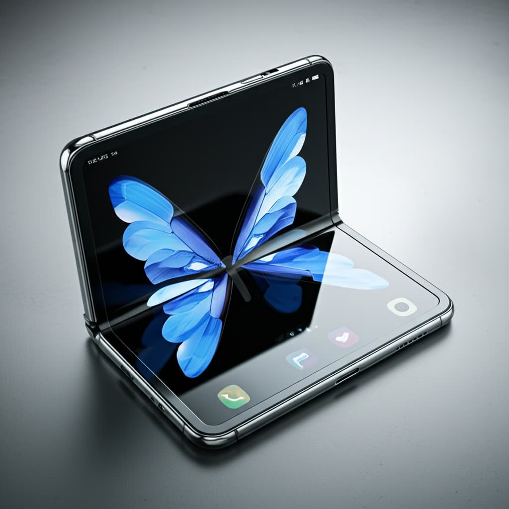 Close-up, high-quality image of a modern foldable smartphone showcasing its flexible OLED screen and advanced hinge mechanism in a partially folded state, representing future phone designs and mobile technology.