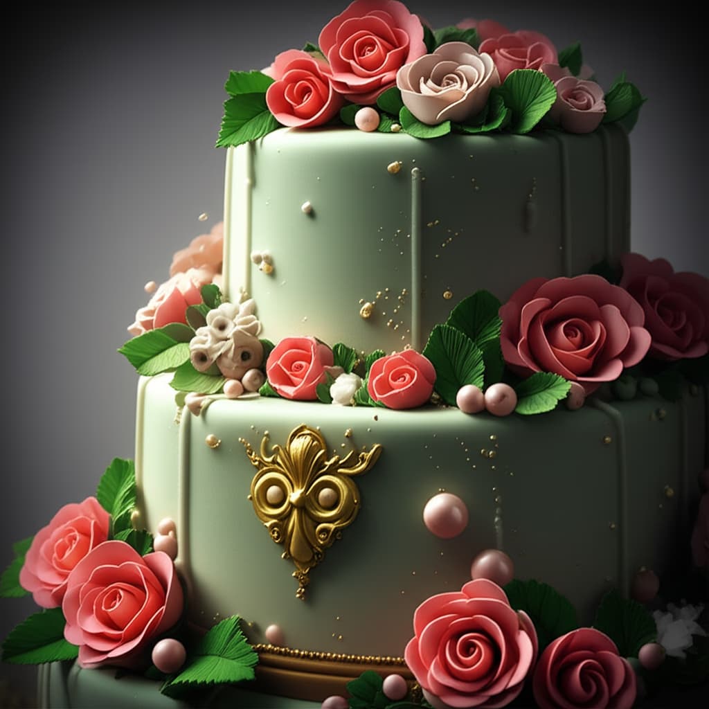 A highly detailed and realistic image of a beautifully decorated fondant cake, featuring smooth texture, intricate sugar flowers, and vibrant edible art, perfect for a wedding or birthday.