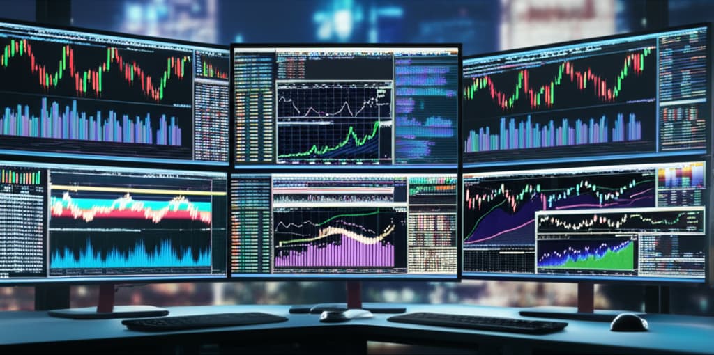 High-resolution image depicting a foreign exchange trading desk with multiple monitors showing real-time currency charts, forex trading platforms, and global market data, symbolizing active currency exchange and investment in the international financial market.