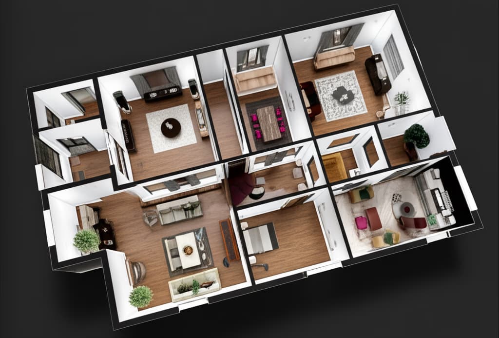 Detailed 3D rendering of a spacious four bedroom home layout, showcasing a modern floor plan with open-concept living, a master suite, and three additional bedrooms, optimized for family living and natural light.