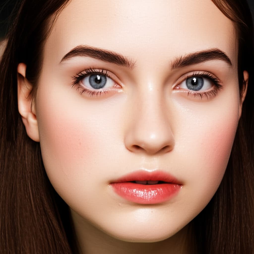A close-up portrait of a woman showcasing natural French girl makeup, featuring dewy skin, soft eye makeup, and lightly stained lips, embodying an effortless chic beauty look.