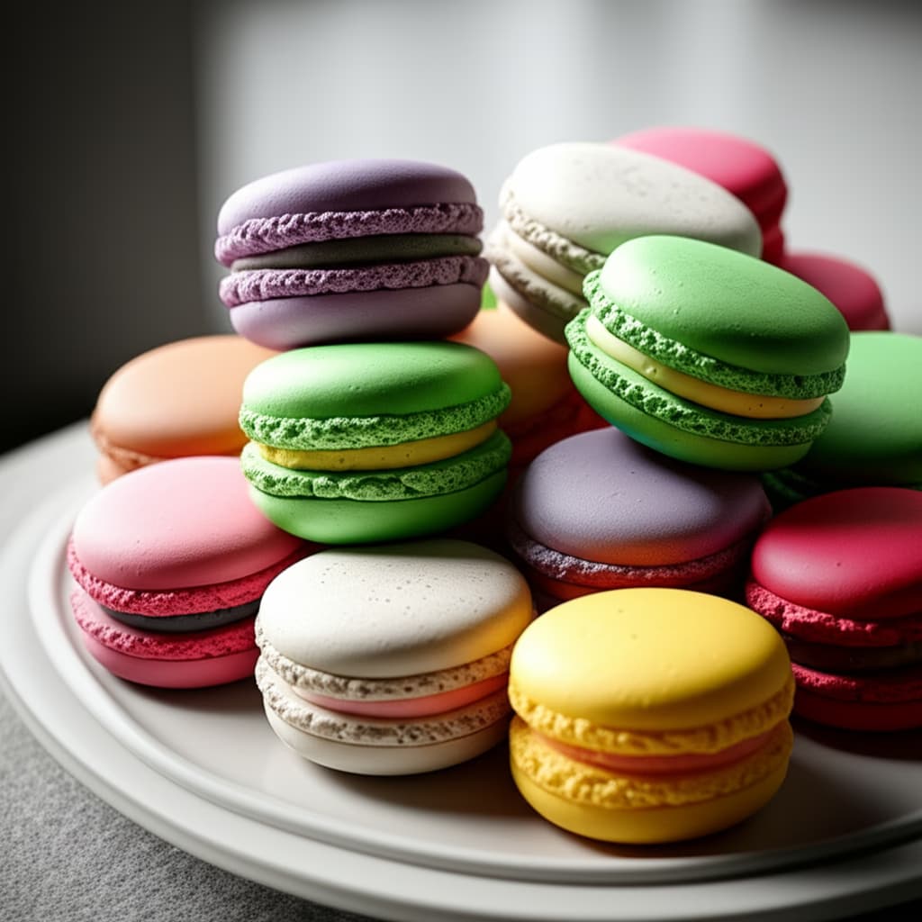 Assorted French macarons in vibrant pastel colors like pink, green, yellow, purple, and brown, elegantly arranged on a plate, showcasing their delicate shells and creamy fillings. High-resolution close-up capturing the perfect 'feet' and smooth textures of these classic French pastries.