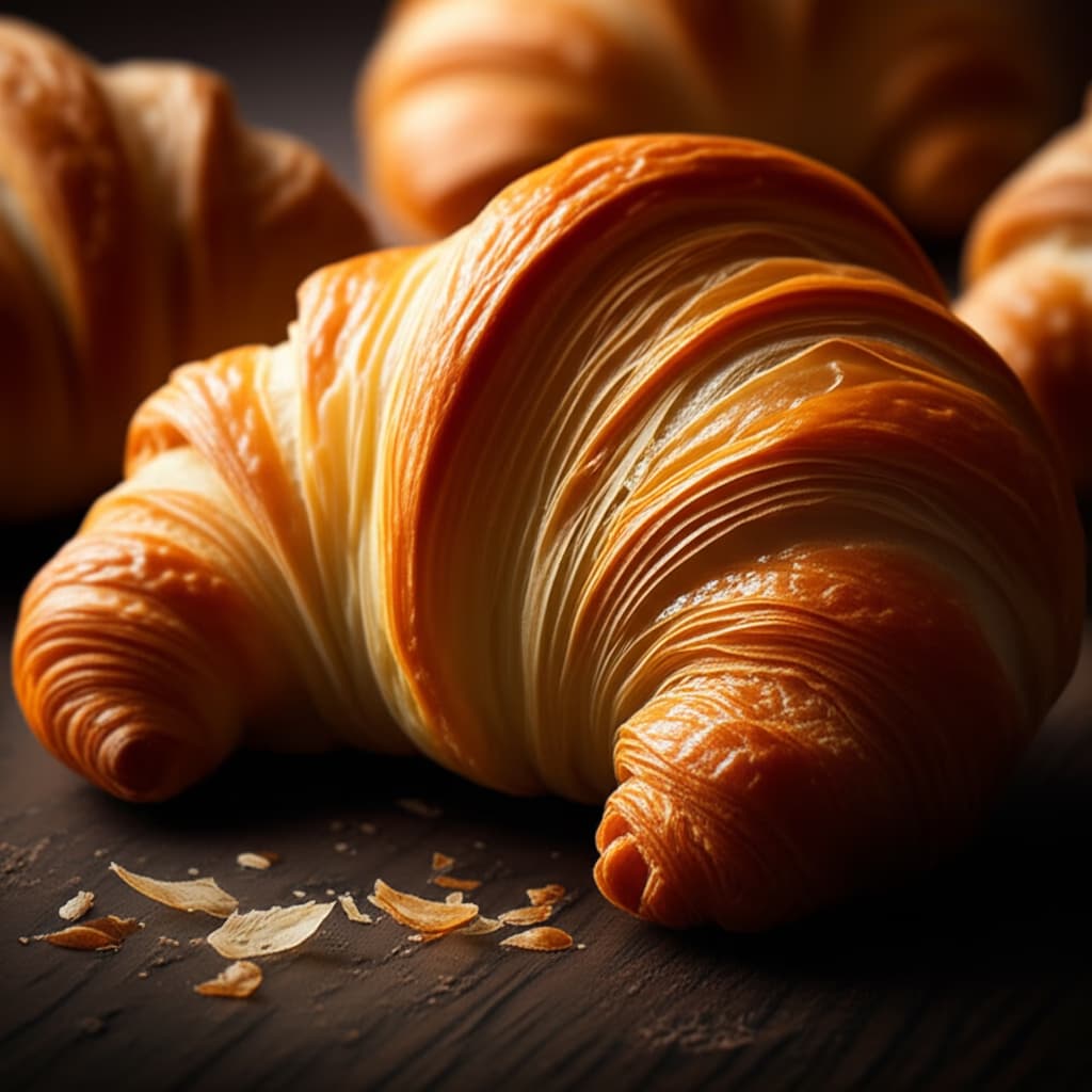 Close-up of a stack of golden-brown, flaky fresh croissants, showcasing their buttery layers and crispy texture, on a rustic wooden surface in soft morning light.