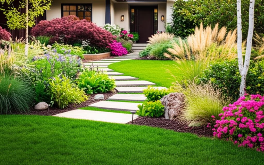 Lush front yard landscaping featuring vibrant plants, stone pathway, and manicured lawn, enhancing home's curb appeal.