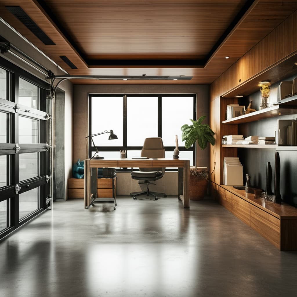 A beautifully converted garage interior showcasing modern design, inspiring home office setup, and comfortable living space. Ideal for garage conversion ideas.