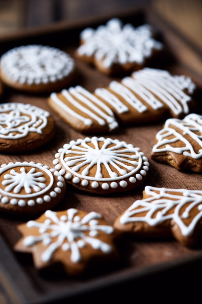 A plate of deliciously decorated gingerbread cookies with white icing on a rustic wooden surface, perfect for holiday baking.