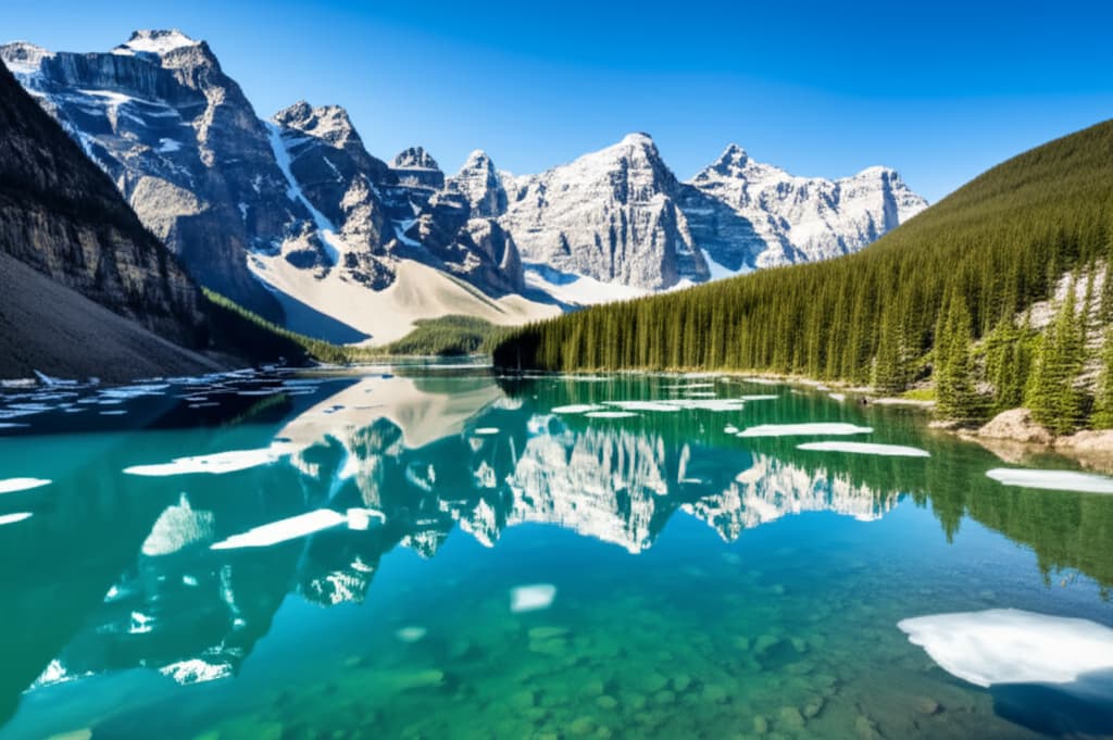 A pristine glacial lake with vibrant turquoise water reflecting snow-capped mountains and a clear sky, featuring floating icebergs and lush natural surroundings. High quality, realistic image of glacial lake.