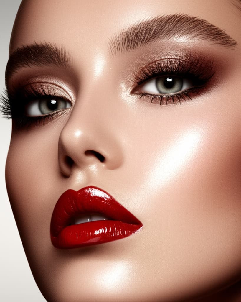 Close-up portrait of a woman with a full glam makeup look, featuring sparkling eyeshadow, sharp winged eyeliner, long false lashes, perfectly contoured skin, and bold red lipstick, ideal for a festive party or formal event.