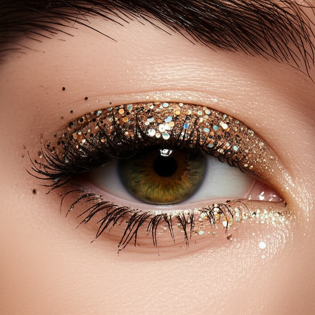 Close-up of a woman's eye featuring shimmering gold glitter eyeliner with precise application, highlighting the sparkling effect and detailed eyelashes, perfect for a glamorous beauty look.