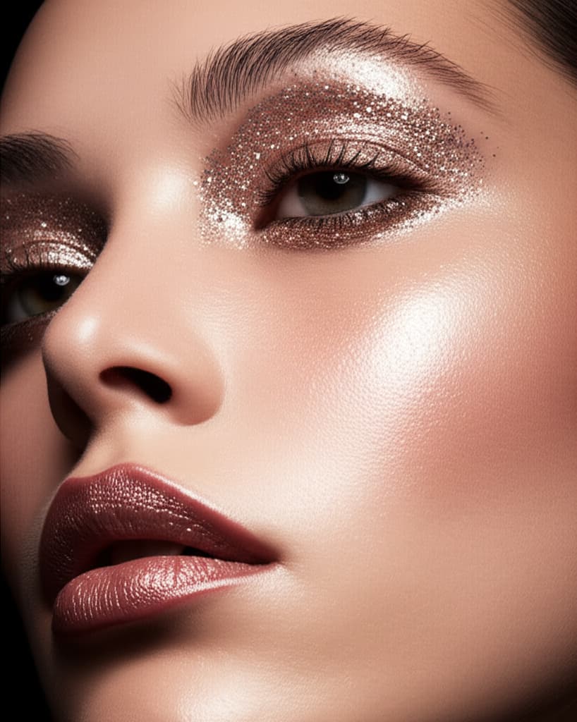 Close-up of a model showcasing a natural, radiant glitter eyeshadow look with detailed makeup and soft lighting.